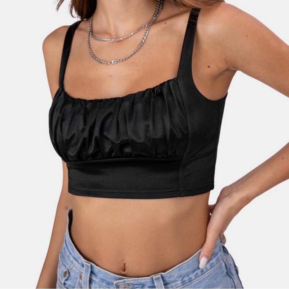 Adika Black Satin Ruched Crop Top